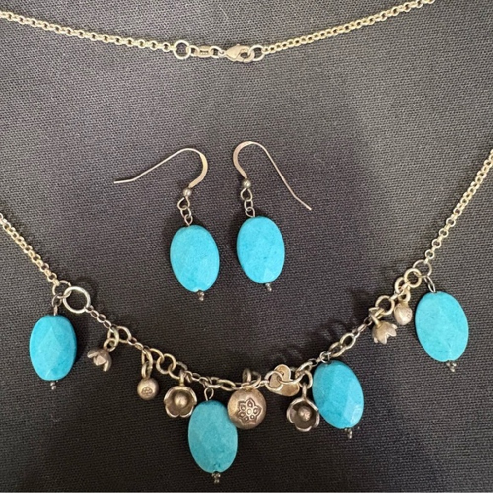 Turquoise & Sterling Silver Charm Necklace & Earring Set